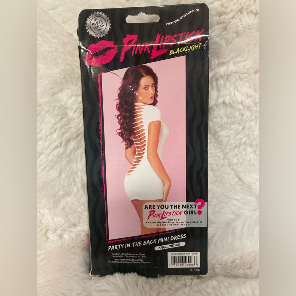 Pink Lipstick  white club mini dress :glows in black light S/M NEW Y2K style